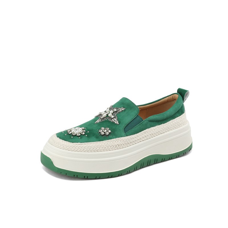 2025春新款磨砂厚底水u钻乐福鞋女休闲坡跟松糕底绿色懒人单鞋