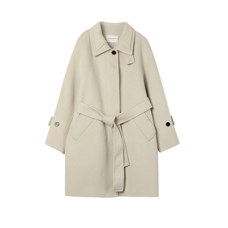 【现货】1c313高质感米杏保暖羊毛手工双面呢子大衣女立领中长外