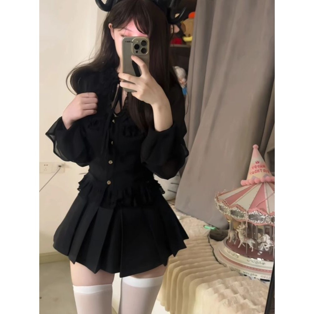 春秋纯欲风黑色花边修身显瘦上衣