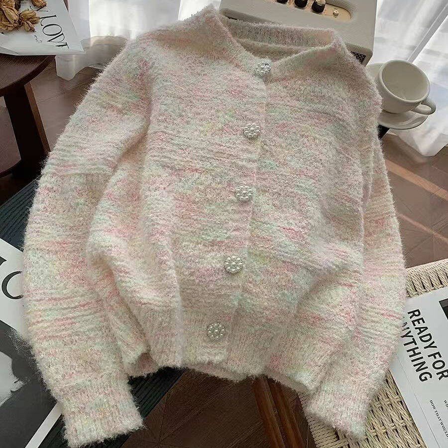 小香风粉色绿色条纹毛衣外套女早秋小个子新款慵懒风针织开衫上衣