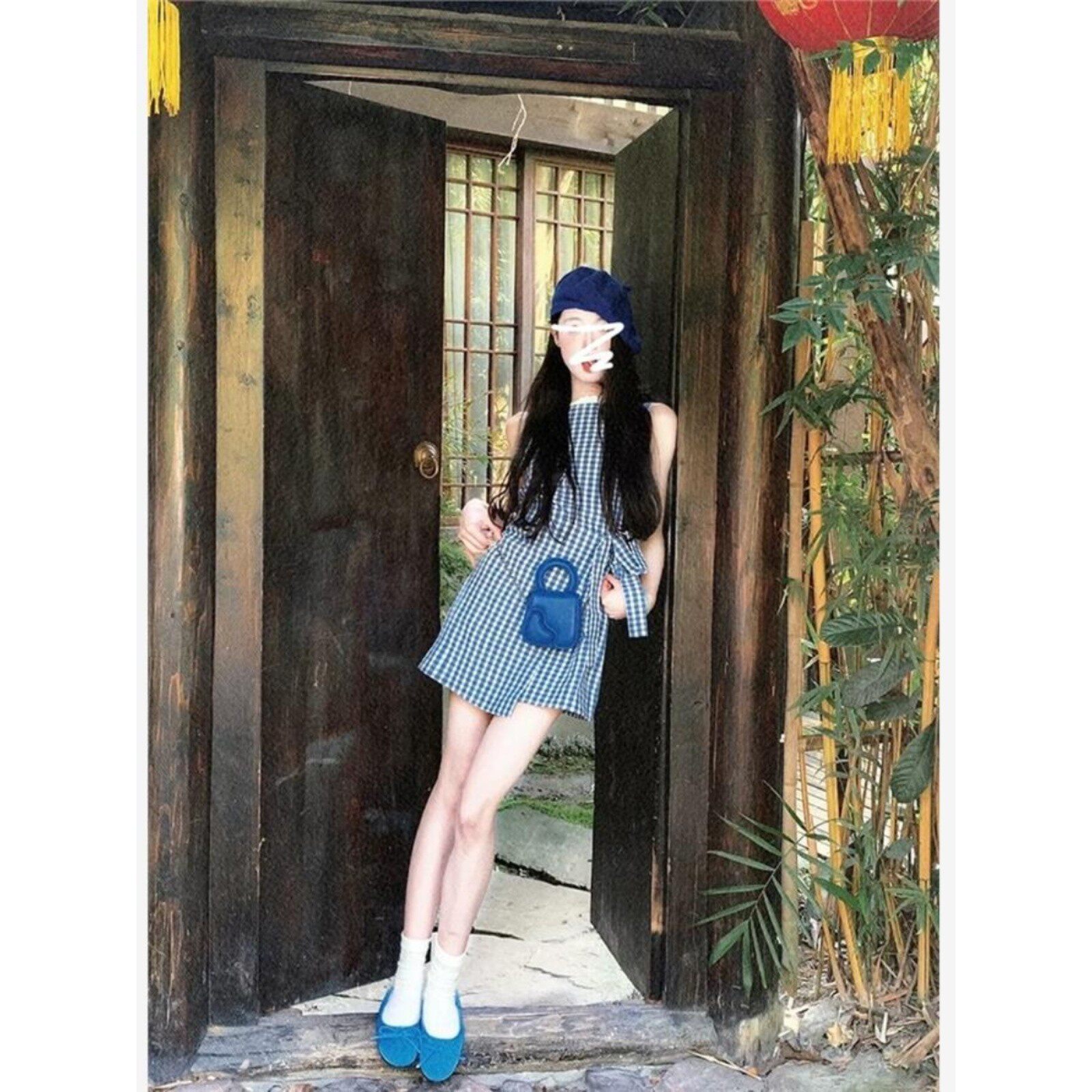 法式无袖蓝色格子背心连衣裙子女夏季绑带气质收腰小个子背心短裙