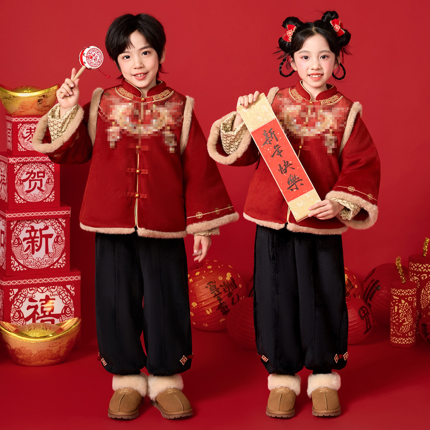 元旦儿童拜年服新中式演出服宝宝周岁礼服男女童开门红过年服唐装