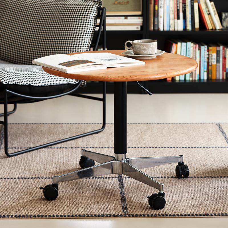 /实木可移动升降圆桌茶几沙发边几休闲 阳台小圆桌客厅家用