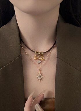 刊赛美拉德双层太阳星星皮绳项链复古秋冬辣妹个性小众高级毛衣链