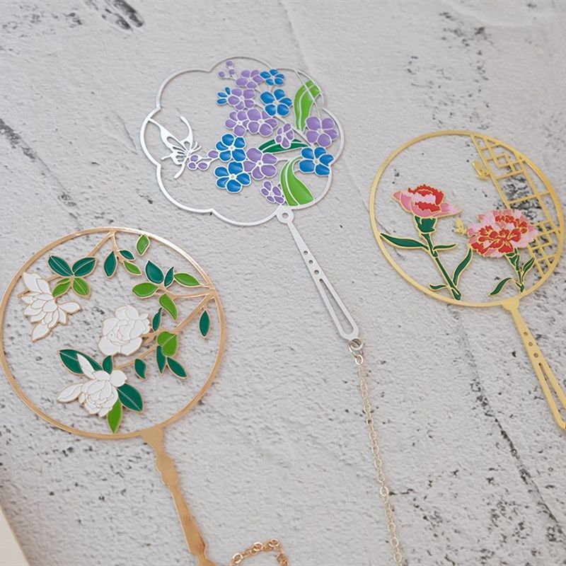 茉莉花团扇书签中国风古典文化创意礼品黄铜金属定制