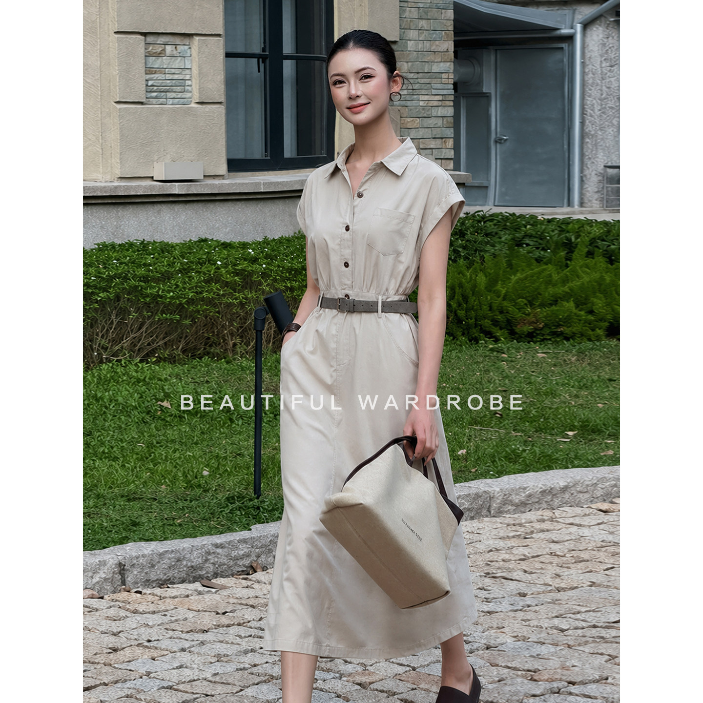 泡芙&middot;美丽衣橱 夏季新极简修身腰带中长款翻领短袖休闲季连衣裙