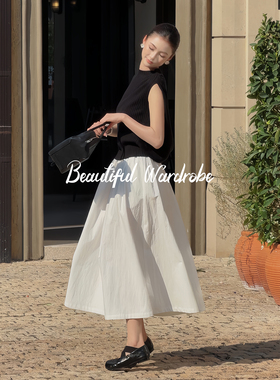 泡芙美丽衣橱夏简约气质显瘦垂坠感高腰中长款白色a字半身裙女