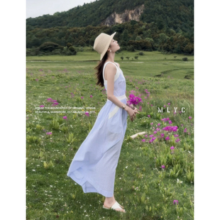 泡芙·美丽衣橱【半夏海谣】小众条纹高腰设计显瘦长款吊带连衣裙