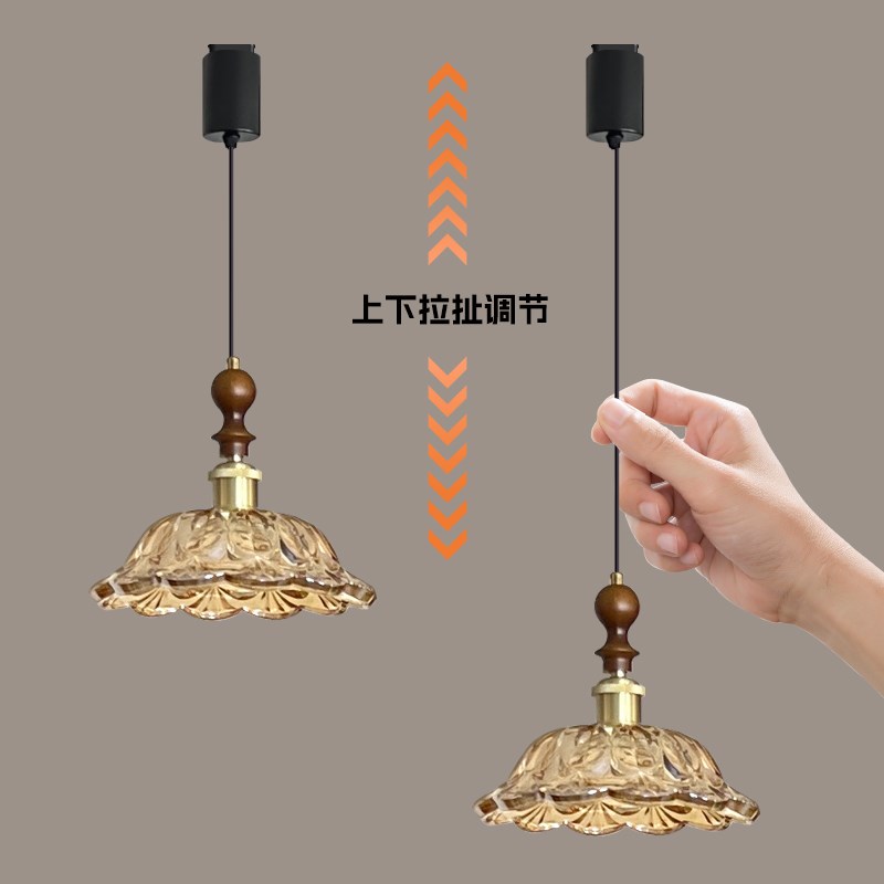 法式中古b风餐厅玻璃吊灯餐桌遥控风扇复古可拉伸悬停升降吧台灯