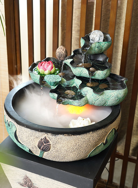 创意喷泉流水摆件招财风水球x水景加湿器中式风水轮客厅桌面小鱼