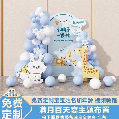 兔宝宝满月百天百岁宴生日布置男女孩背景墙kt板场景气球装饰酒店