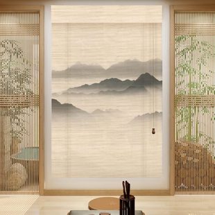 饰阳台遮光中式 竹帘卷帘窗帘定制印花隔断装 茶室民宿餐厅升降山水