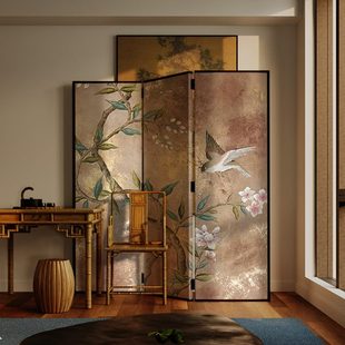 东方美学新古典屏风折叠移动客厅玄关入户茶室卧室床头折屏俯冲画