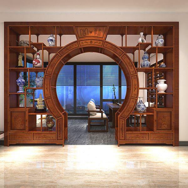 中式实木月洞门博古架多宝阁弧形圆门月亮门客厅隔断书架仿古家具