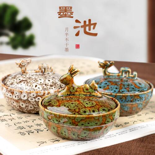 陶瓷火锅砚台不干墨双圈保湿防蒸发初学者练毛笔字磨墨研墨条墨池