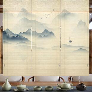 卷帘印花竹帘中日式复古门帘子窗帘遮阳遮光禅意水墨山水隔断挂画