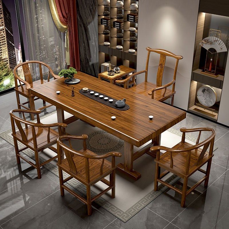 实木原木大板茶台新中式橡木茶桌椅E组合办公室休闲茶几功夫茶桌