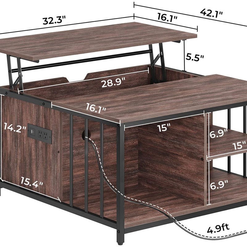 便携式升降式咖啡桌带隐藏式储物柜D隔层储物携带USB插座端口插座