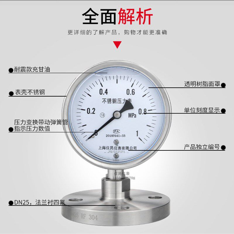 YTP-1b00ML MF不锈钢耐震隔膜压力表 法兰压力表 DN25 DN50 1.6mp