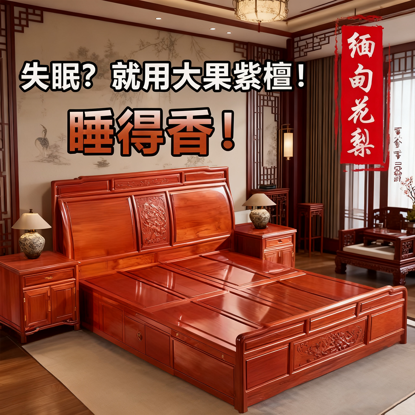 缅甸花梨大果紫檀双人床助眠安眠