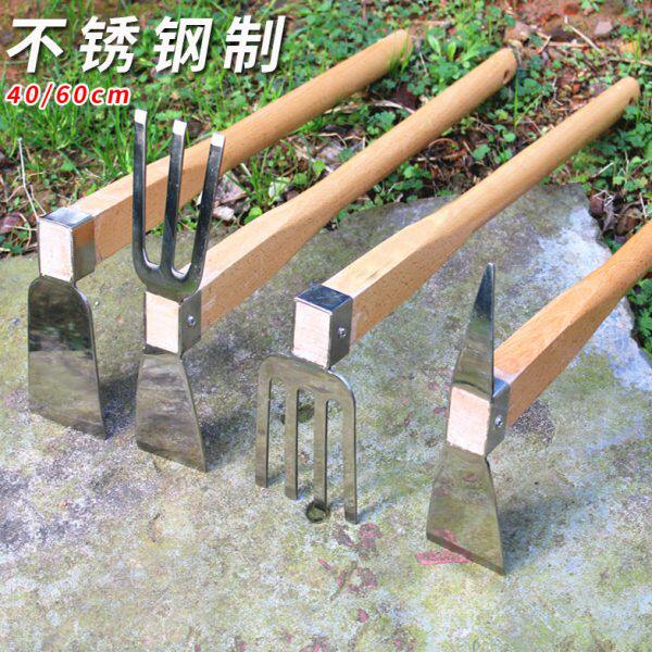 加长农具锄头全钢挖笋种菜种花加厚锄头木柄耙镐不锈钢两用小锄头