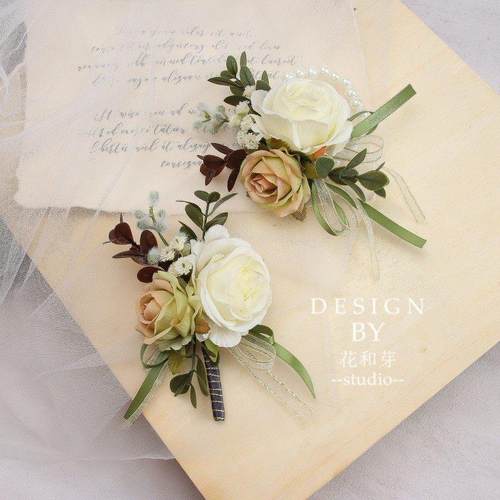 新款原创白绿玫瑰森系叶子商务活动胸花结婚新郎伴娘姐妹团手花