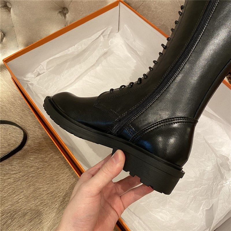 ann真皮厚底骑士靴女秋冬系带侧拉链皮带扣长靴高筒靴长筒机车靴