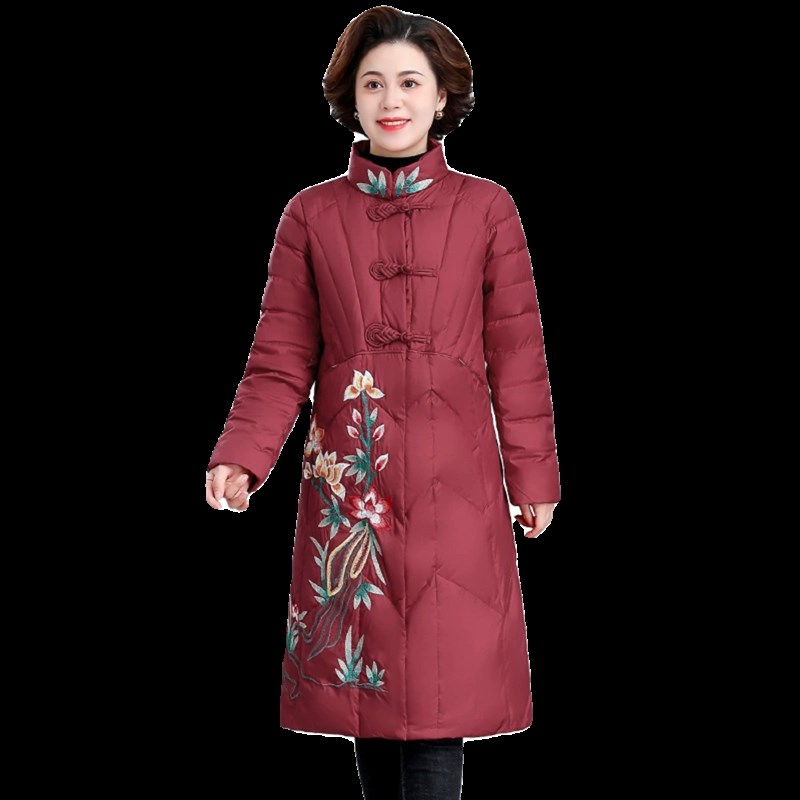 妈妈冬装外套羽绒服中长款2024新款秋冬中老年女洋气阔太太红棉袄