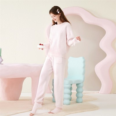 睡衣冬季女款半边绒家居服套装珊瑚绒冬款加绒加厚秋冬长袖可外穿