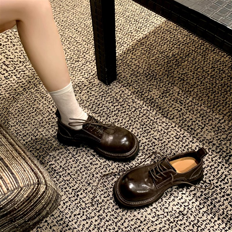 羊皮版~厚底系带乐福鞋女2023新款包鞋复古粗跟真皮小皮鞋松糕鞋