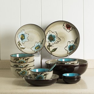 家用手绘4人小清新创意碗盘子组合饭碗汤碗餐盘陶瓷餐具 碗碟套装