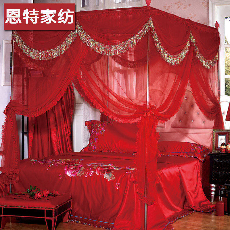 结婚蚊帐婚庆大红色1.8m床三开门不锈钢支架落地宫廷双人家用文帐