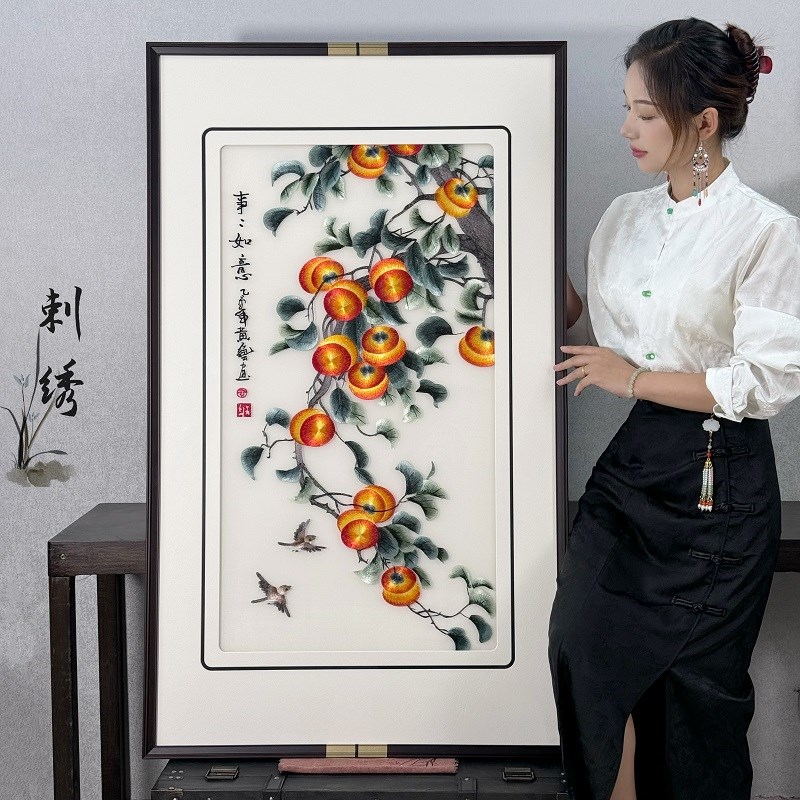 苏绣新中式玄关装饰画走廊过道背景墙挂画客厅入户正对门刺绣壁画图片