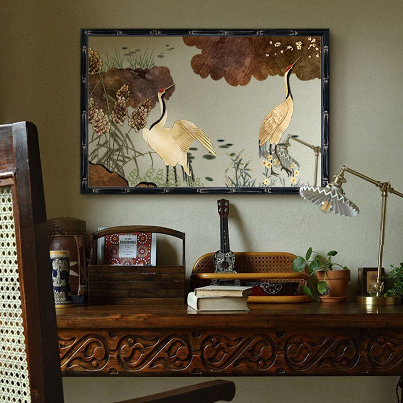 中古风实木镜子画客厅卧室装饰画高级感梳妆台仙鹤摆画组合挂画