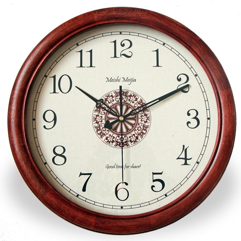 桃木实木挂钟静音圆形简约大石英钟客厅大钟表中式现代时钟