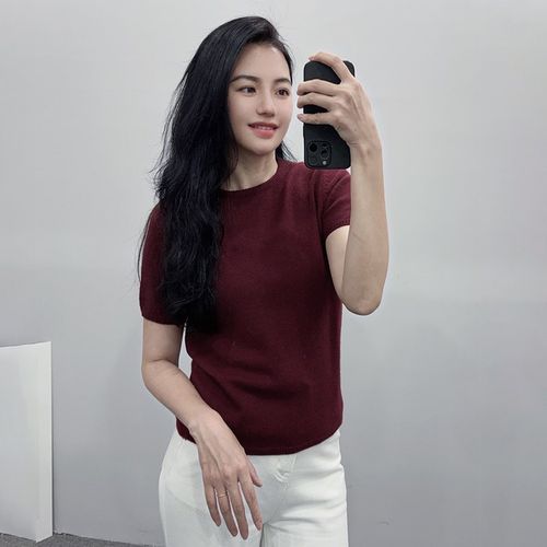 大清仓~外单尾货100%山羊绒厚款圆领套头毛衣针织衫纯色短袖