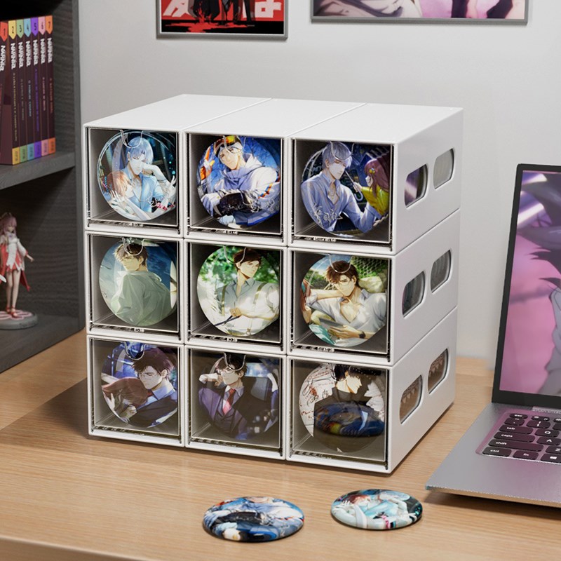 桌面吧唧收纳盒亚克力抽屉式大容量分格多功能透明谷子立牌周边盒