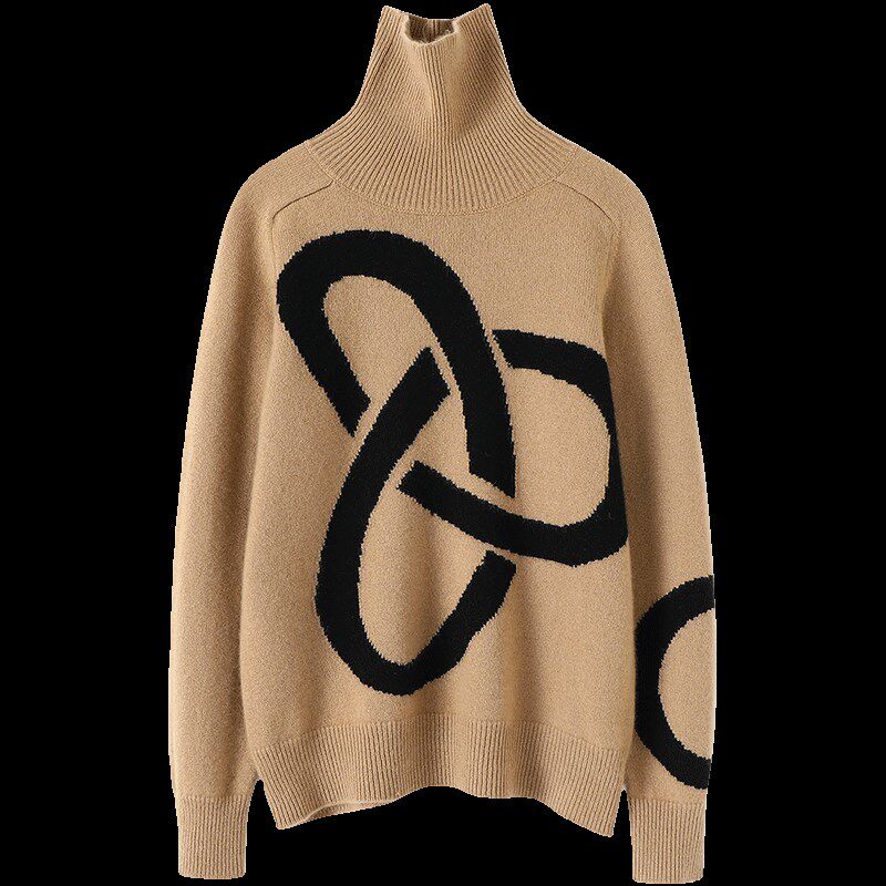 贼好看哈!几何线条编织高领羊绒衫女纯羊绒毛衣套头针织打底衫厚