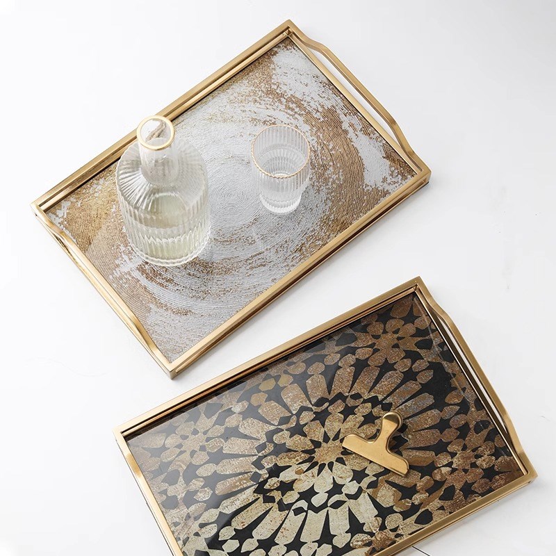 欧式轻奢玻璃收纳托盘果盘长方形茶盘高级感装饰盘家Y用水杯置物