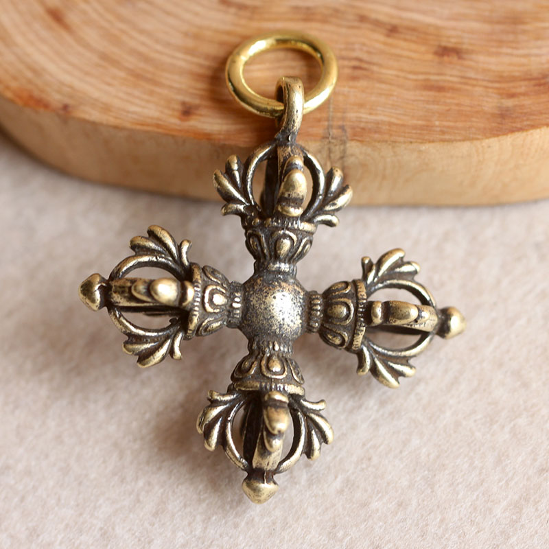 复古黄铜钥匙扣纯铜手工十字金刚降魔杵小吊坠汽车钥匙链挂件男女