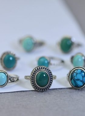 原矿天然湖北绿松石 S925银圆形蛋形戒指戒面 男女款复古饰品配饰