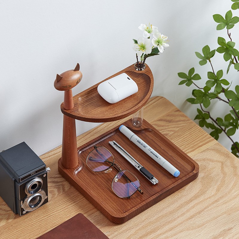 桌面置物架钥匙玄关收纳盒木质摆件进门鞋柜杯子实木化妆品收纳架