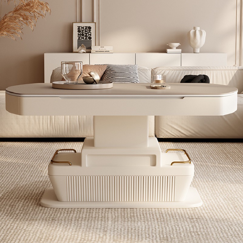 智能创意多功能电动升降茶几简约现代客厅轻奢岩板茶几餐桌两用圆