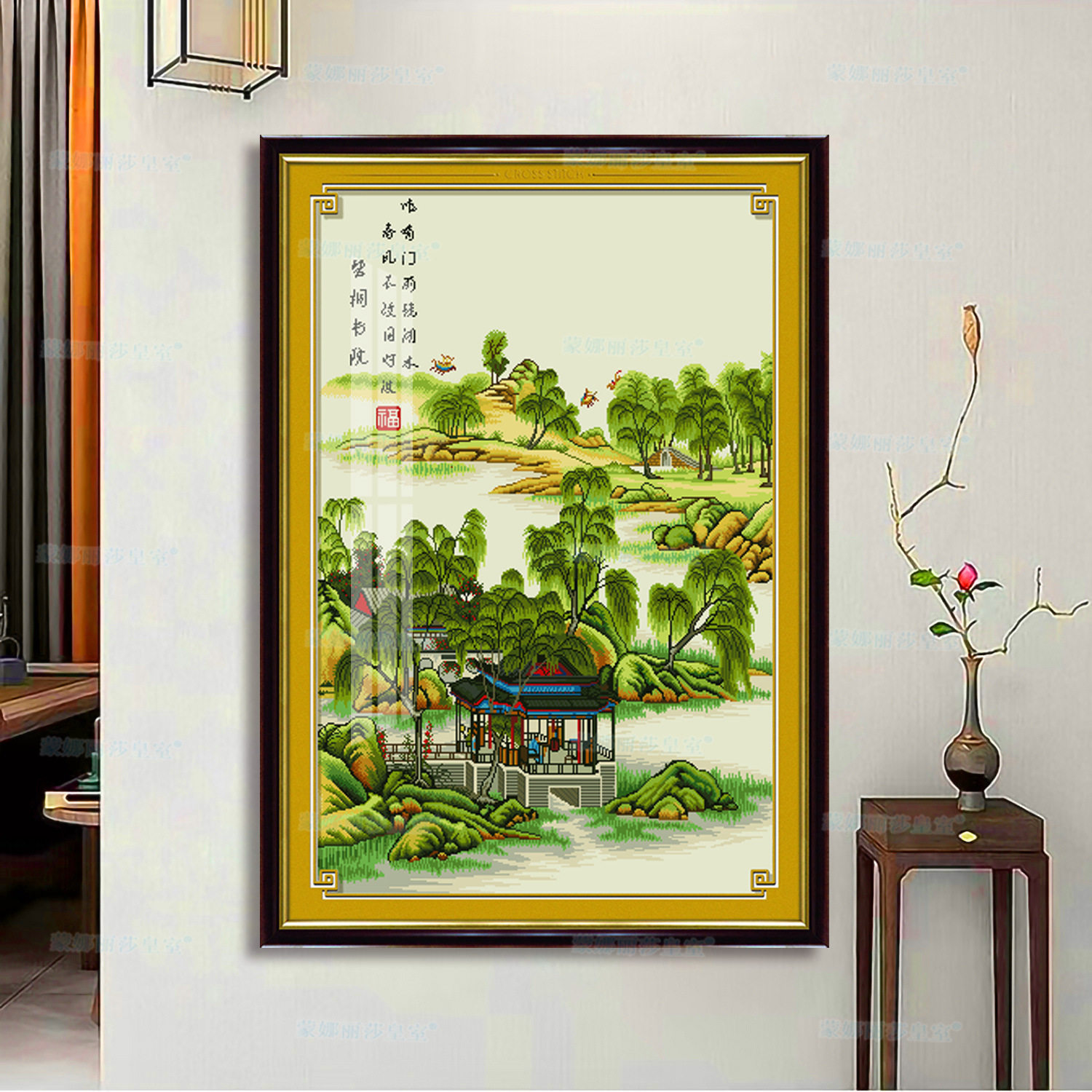 ks色系新款客厅中国风山水风景装饰碧桐书院圆明园手工满绣十字绣