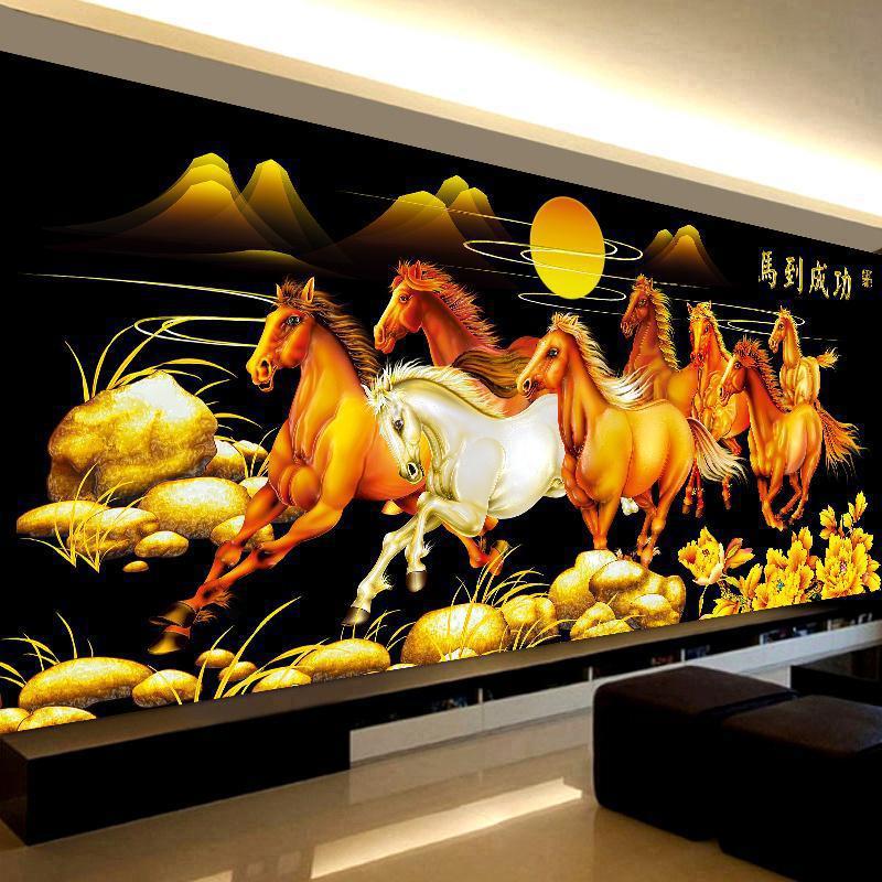 ks色系现代新中式新款客厅办公室大幅动物马到成功八骏图满钻石画