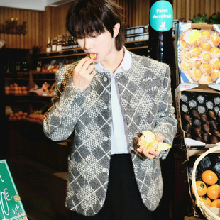 菱形格无领小香风夹克外套 男女情侣同款 25SS 灰色 Adam