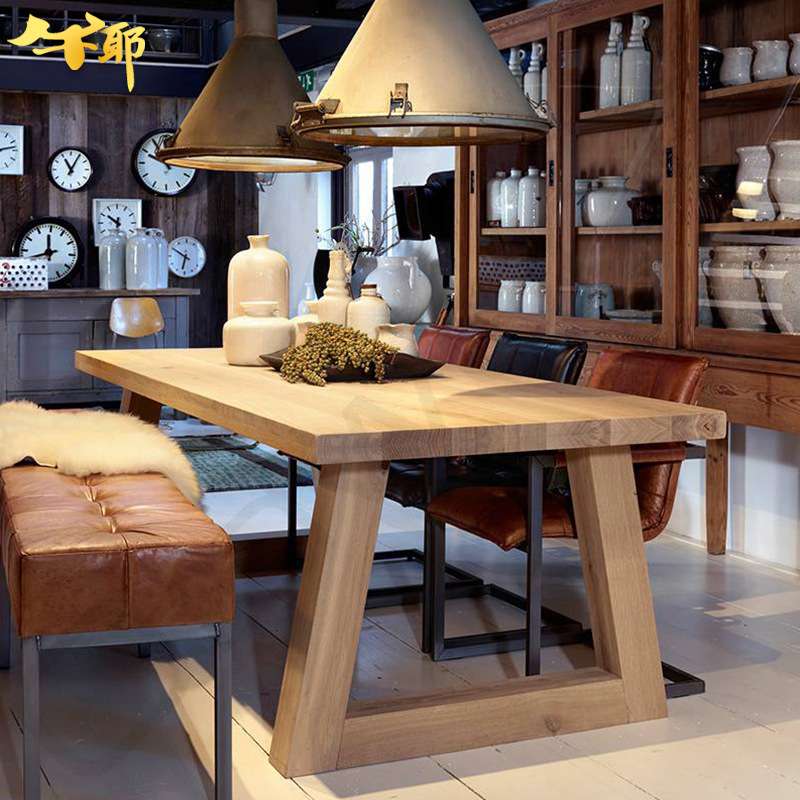 北欧loft实木长方形桌子复古奶茶店咖啡厅实木长桌椅餐厅酒店餐桌