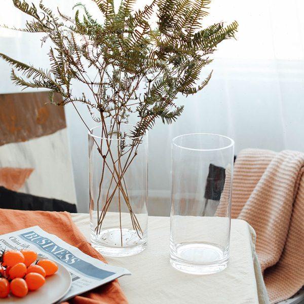 北欧干花花瓶玻璃透明水养直筒圆柱形大口径现代简约摆件客厅插花