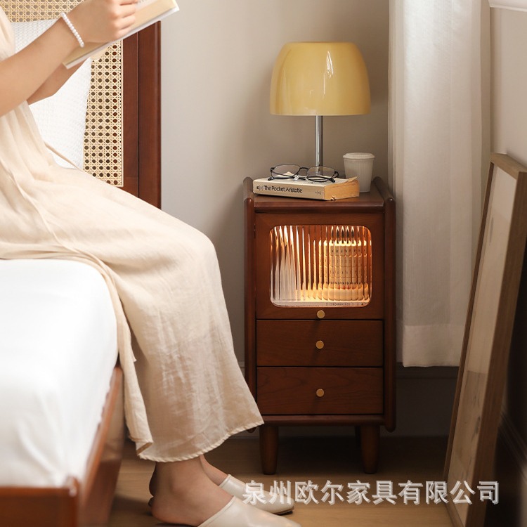 北欧中古实木床头柜家用小户型客厅沙发抽屉柜卧室超窄收纳床边柜