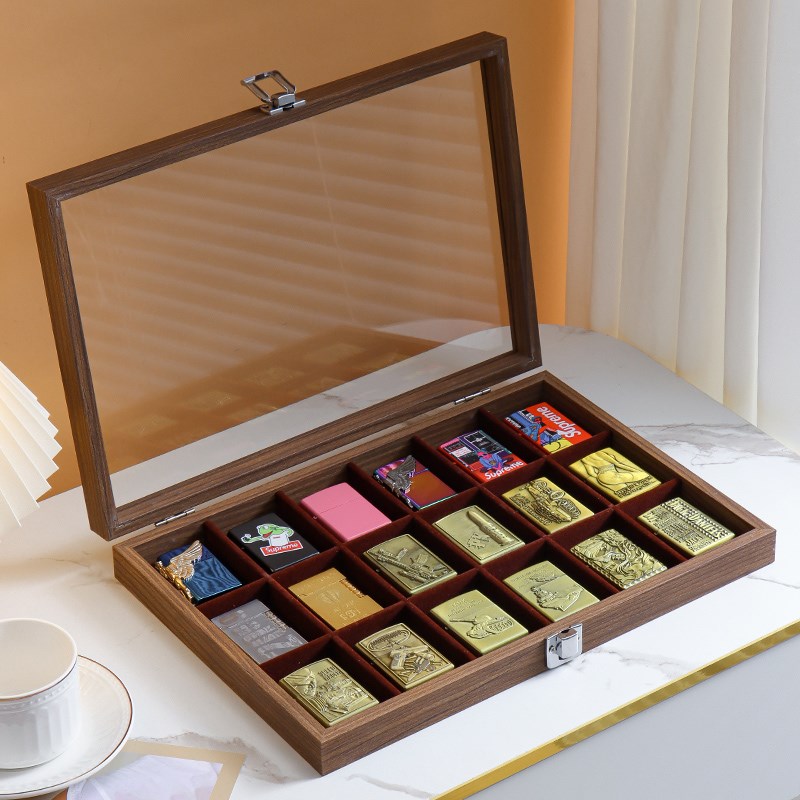 大容量火机收藏收纳盒Zippo煤油火石18格收纳盒透明玻璃带盖保存